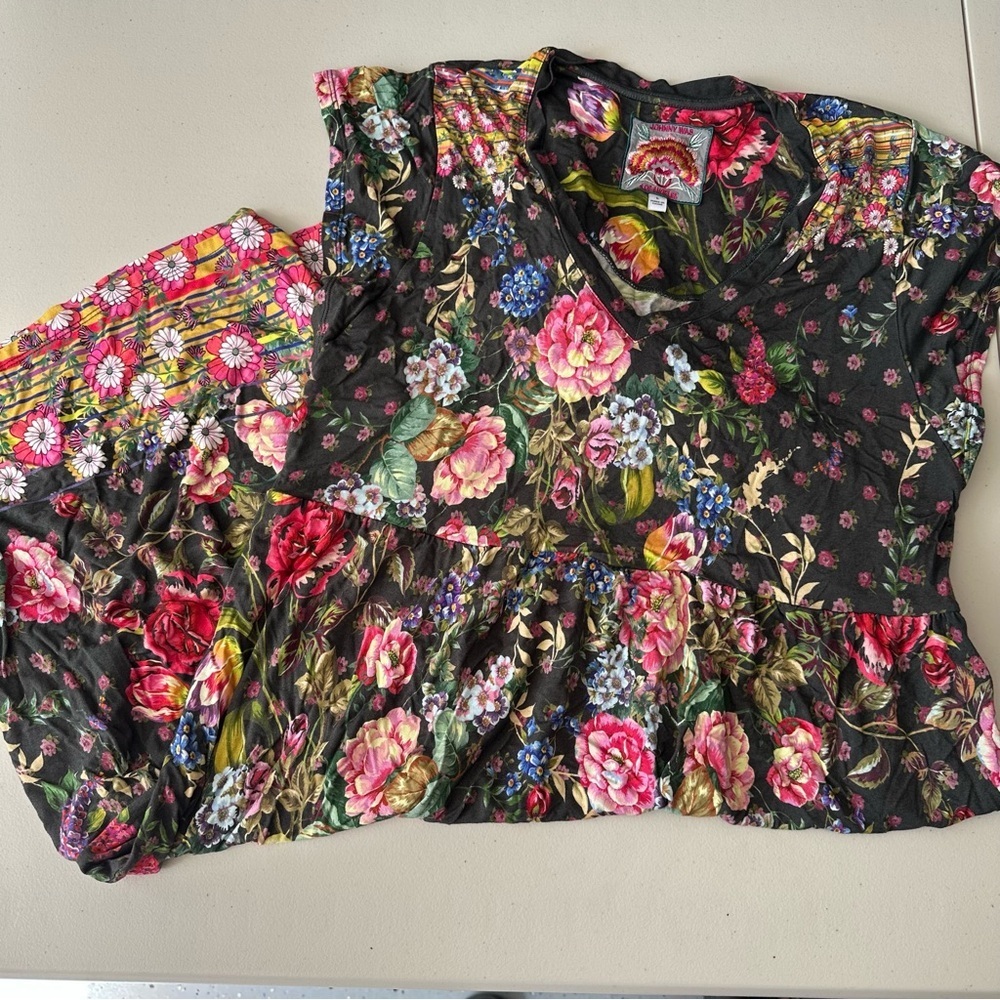 Johnny Was Naomi V Neck Tiered Tea Length Dress Bright Florals - Picture 3 of 7
